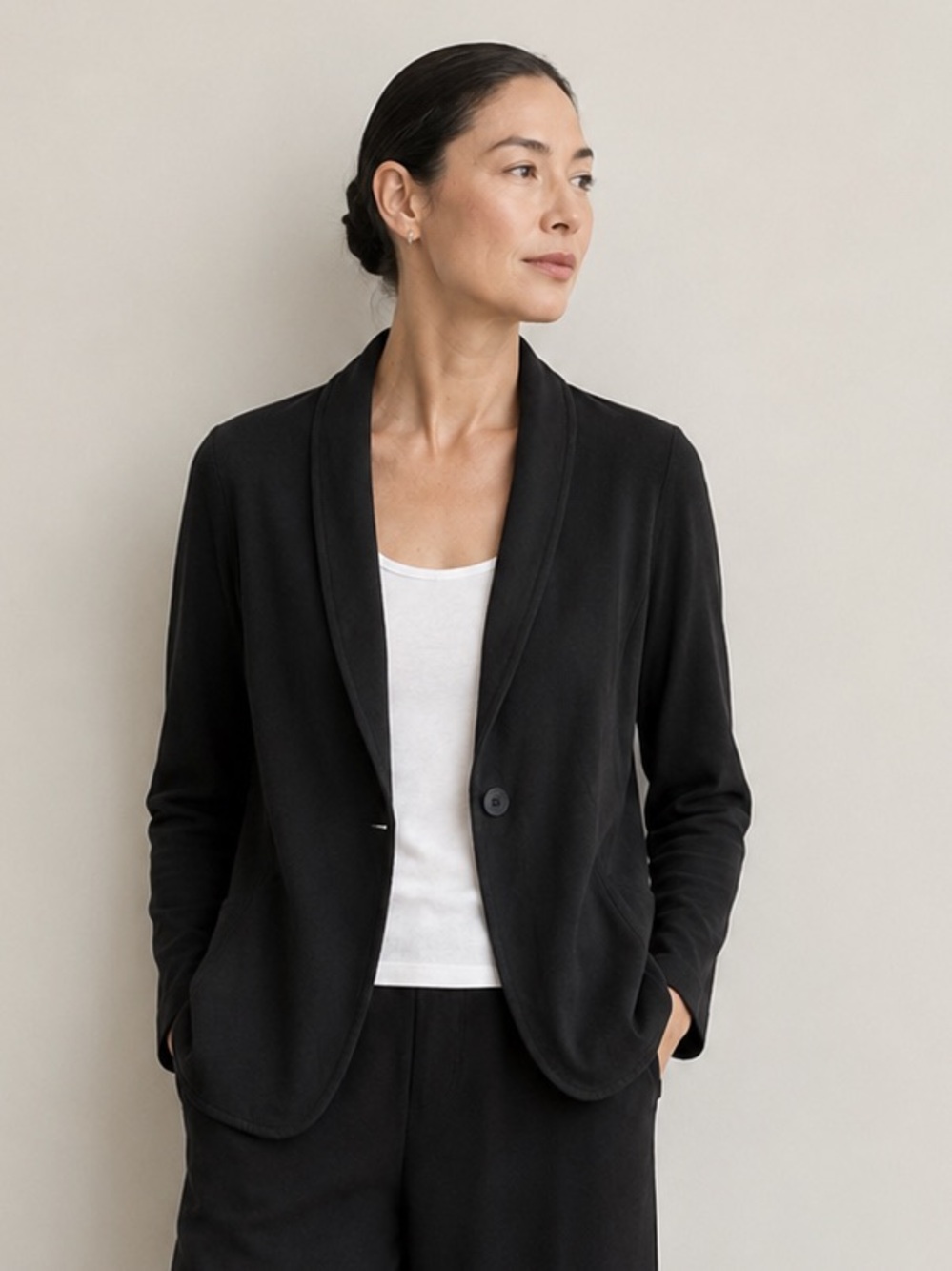 Eileen Fisher Black Shawl Collar Knit Blazer Jacket XS